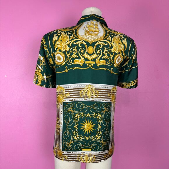 Size S | Vintage 1990s 90s Green Baroque Novelty Print Silk Button Up Blouse Top - Picture 8 of 10